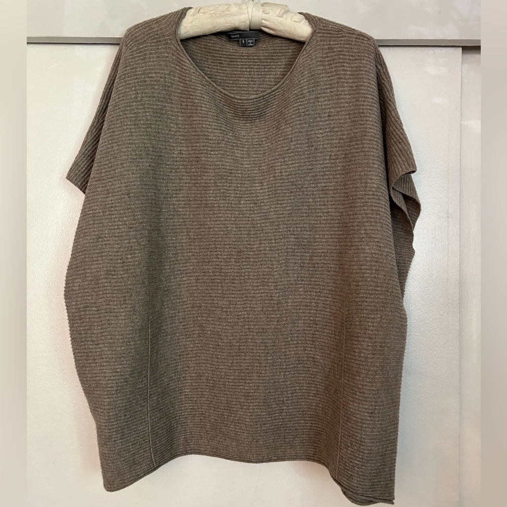 Vince Women's Wool Cashmere Ribbed Taupe Knit Poncho Sweater Small/Medium - Picture 2 of 9